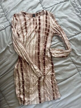 SHEIN Long Sleeve Tie-Dye Bodycon Dress - Beige & Brown Stripes